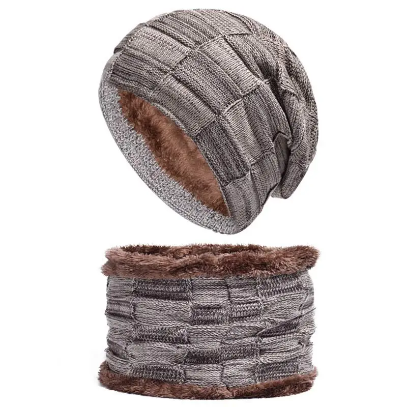 Winter Lined Fleece Set Hat and Snood Scarf Neck Warmer Knitted Plaid Balaclava Hood Grey Black Brown