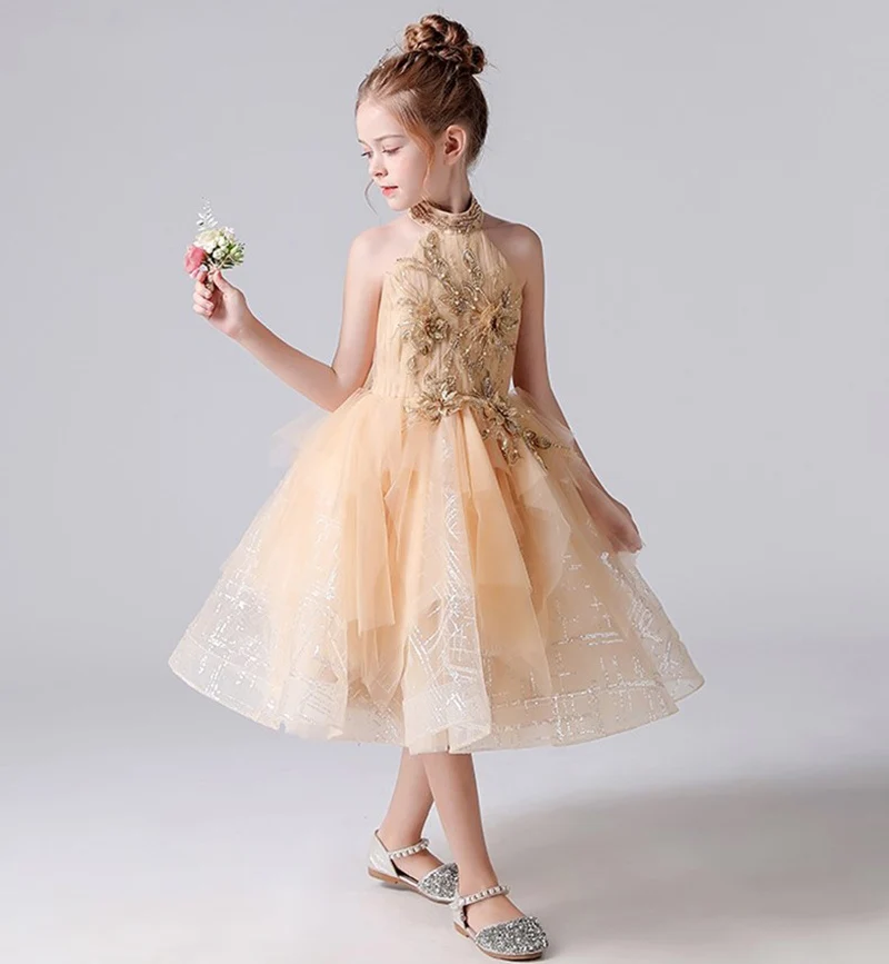 Moderne Tulle Halter Bloem Meisje Jurken Tiered Bruiloft Prinses Jurk Formele Kids Verjaardag Gown Nieuwe