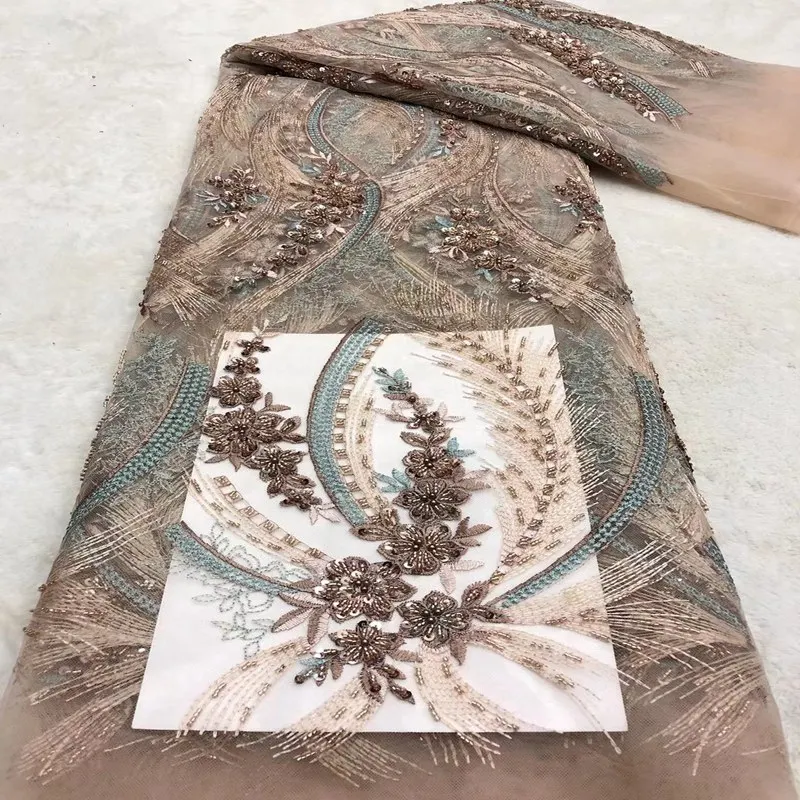 

Heavy Handmade Embroidery Nigerian Wedding Lace Sequins Fabric African Beaded Lace Fabric For Party TS9463