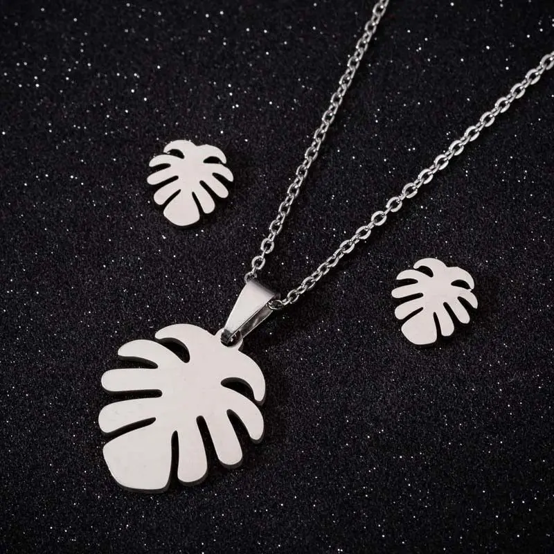 Sasusp Star Leaf Necklace Women Hollow Wave Coconut Tree Round Cat Long Chain Necklace Set Stainless Steel Jewelry 2021