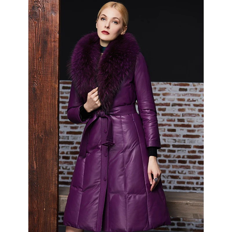 Luxury Medium Length Sheepskin Coat for Women, Elegant Lady, Thickened Leather Down Jacket, Big Raccoon Fur Collar, Genuine Coat