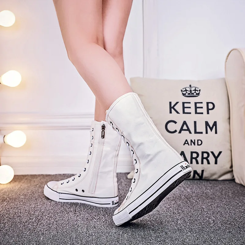 New Short Tube Boots Women 2021 Hot Fashion Front Lace-up Side Zipper Canvas Shoes Casual Rubber Flat Dance Shoes Women Shoes