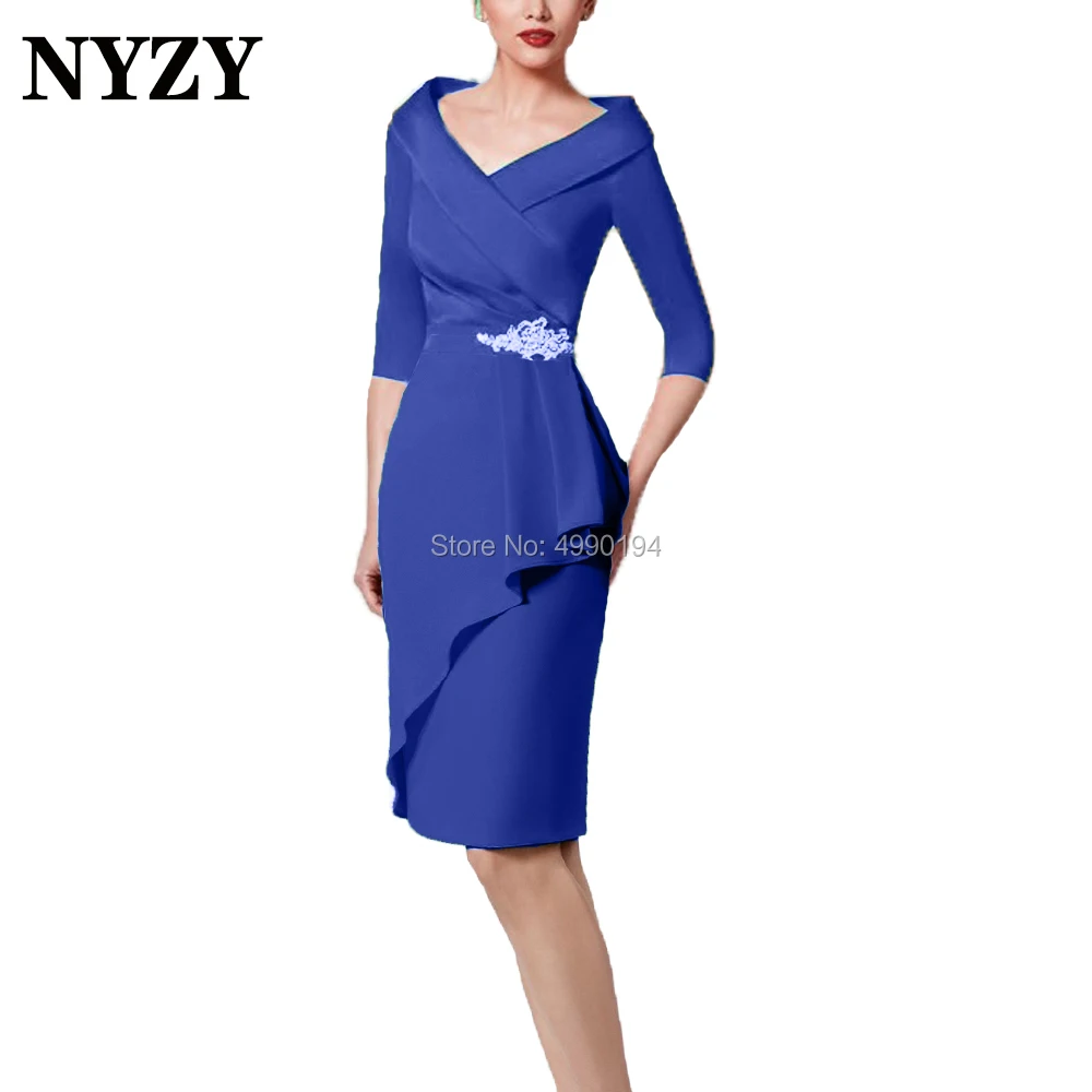 Blue Short Mother of the Bride Groom Dresses with Sleeves NYZY M255B vestido coctel Satin Formal Dress Wedding Party Dress