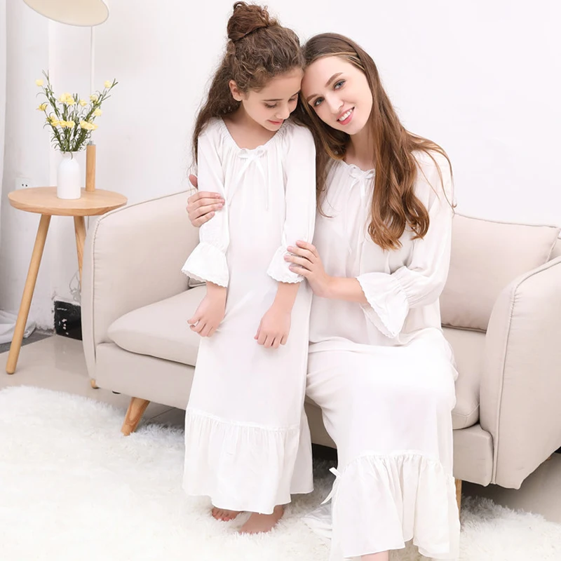 Spring Summer 100% Cotton Girls Wear Ladies Daughters Parent-Child Long White Students Korean Princess Nightgown Sleepwear