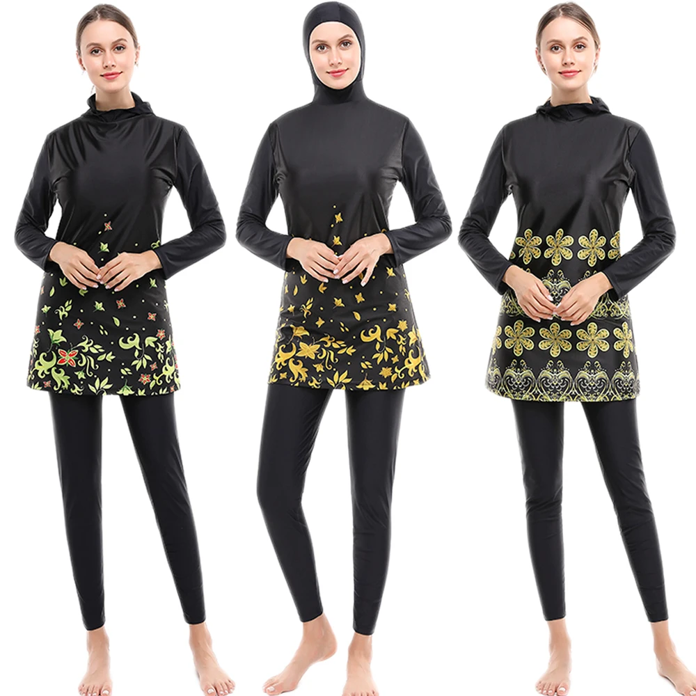 

Muslim Women Printed Swimsuits Conservative Burkini Swimwear 2PCS Hooded Tops Pants Long Sleeve Swimming Beach Wear Bathing New