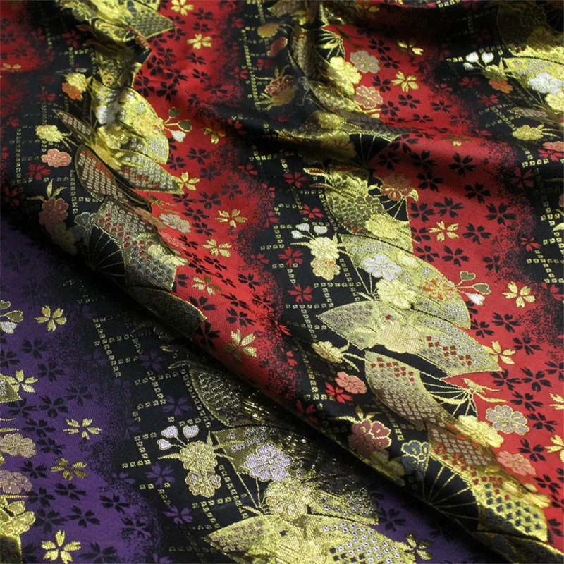 Silky Jacquard Fabric for Kimono, Japanese Style Clothing, DIY Sewing Fabric, Purple, Red, Black, Golden, Metallic Brocade, CF70