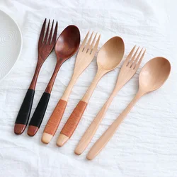 2PCS Natürliche Holz Löffel & Gabel Abendessen Kit Reis Suppen Utensil Getreide Handgemachte Hause Geschirr Geschirr Besteck Für Kicthen