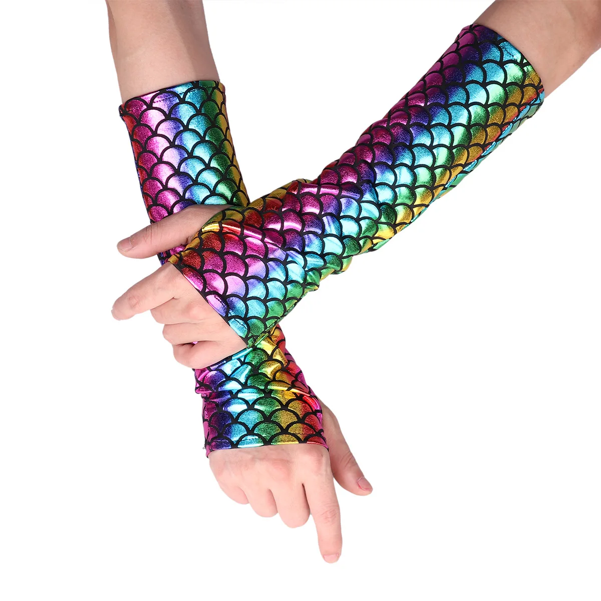 Guantes con estampado de escamas de pescado para mujer, manopla de sirena, Mangas de brazo, accesorios de ropa, disfraz de fiesta temática de Halloween