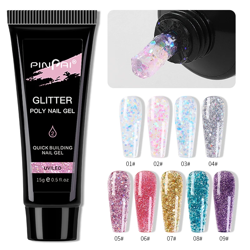 7pcs Glitter Poly Nail Gel Kit With Lamp UV Extension Builder Crystal Gel Set Nail Art Polygels Kit Set Nail Acrylic Gel Kit