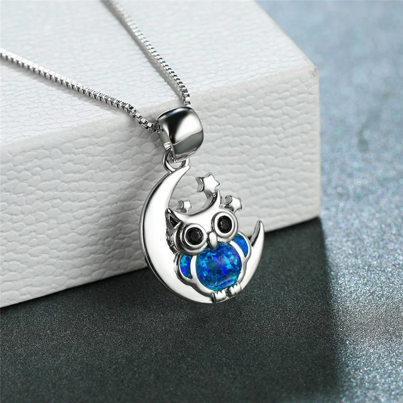 Dainty Women Round Trendy Owl Blue Simulated Opal Cute Silver Moon Necklace