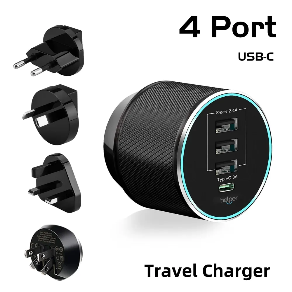 USB-C 4-Port USB Charger with EU UK AU travel Plug for iPhone Android like Galaxy S6 S7 S9 iPhone 6S 7 Plus Xiaomi and more