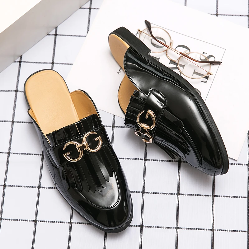 SHENCE Men Half Dress Shoes Indoor Patent Leather Slippers Plus Size 38-48 Loafers Moccasins Mens Mules Casual Shoes