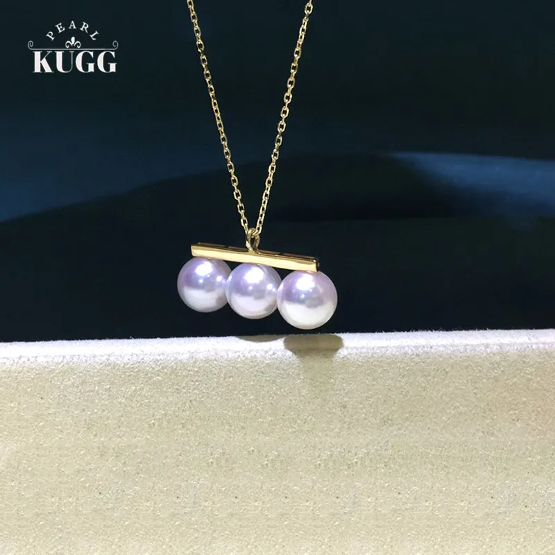 

KUGG PEARL 18K Yellow Gold Necklace AAAAA Natural Akoya Pearl Pendant Necklace Fahison 3pcs Pearl Design for Women Party