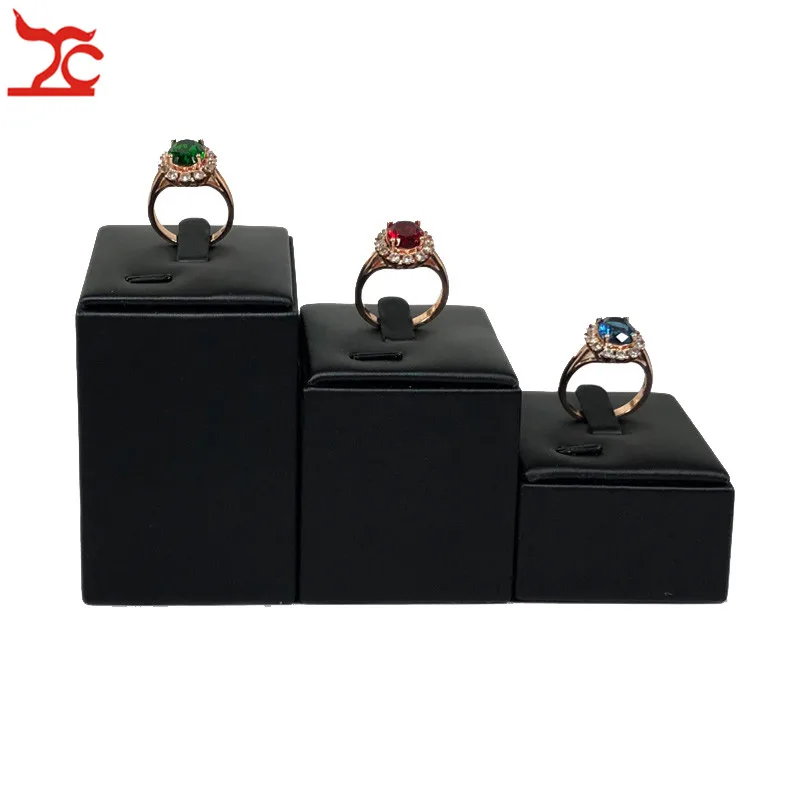 

New Fashion Soft PU Ring Jewelry Diplay Stand 3Pcs/Lot Different High Wooden Ring Storage Organizer Holder Tower Stand