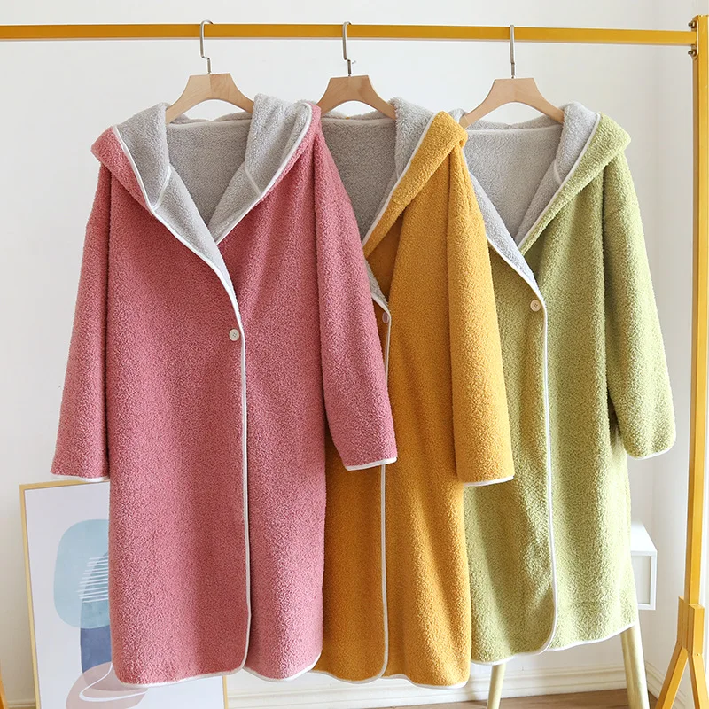 Fdfklak Soft Lamb Wool Thick Warm 2021 Winter New Hooded Mid-Length Bathrobe Single Button Design Dressing Gown Robes