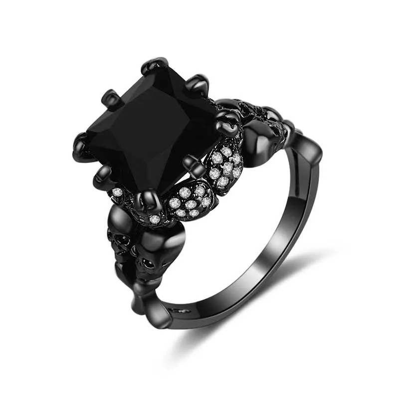 YaYI Jewelry Top Quality  Princess Cut AAA+ Black Obsidian 10*10mm Cubic Zirconia Engagement Wedding Punk Party Skull Rings Gift