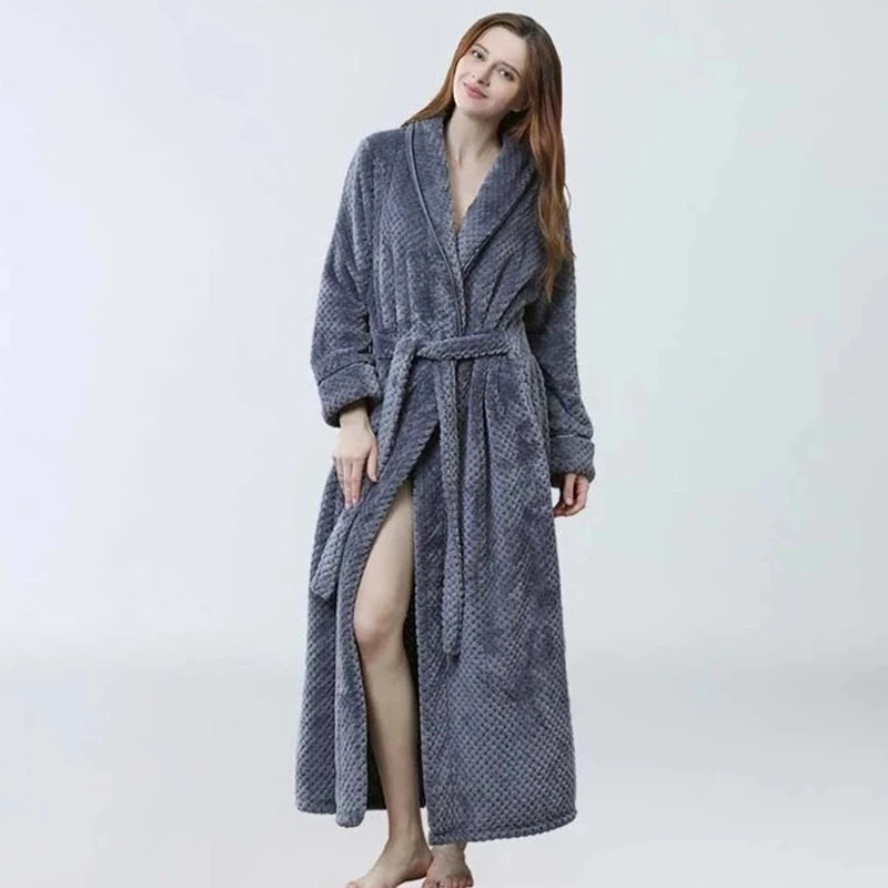 Winter Long Bathrobe Women Fluffy Warm Lover Bath Robe with Sashes Soft Kimono Dressing Gown Solid Comfortable Sleepwear Female