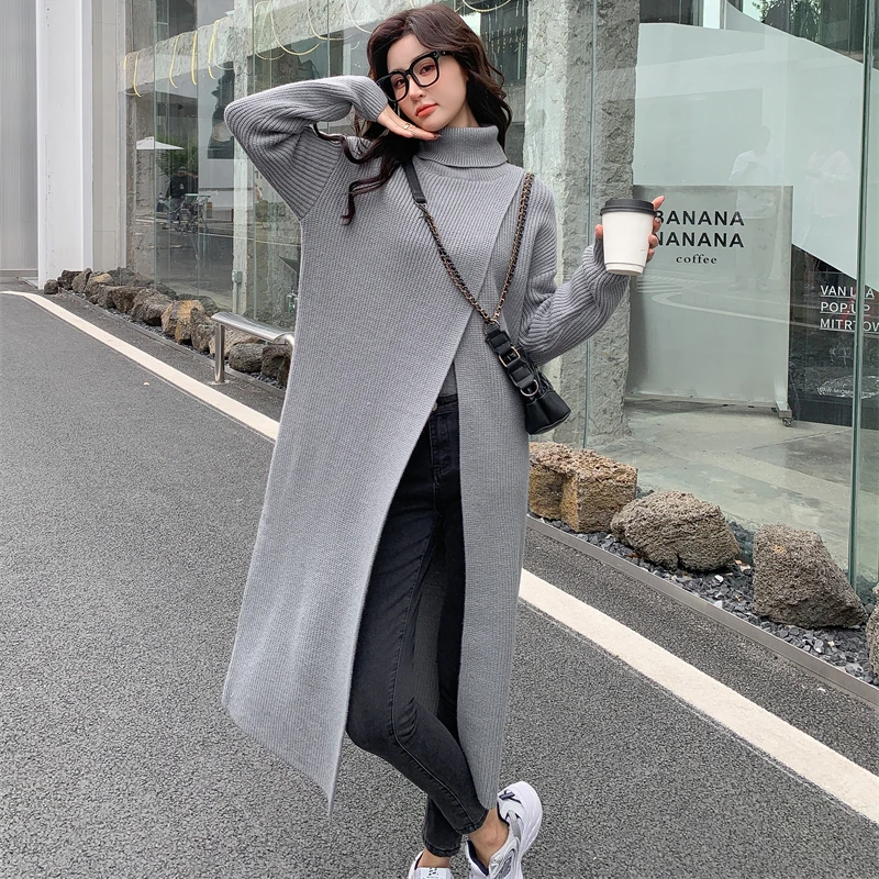 [ZAYAU]2022High Neck Split Wool Dress Knitted Pullover Autumn and Winter New Medium and Long Style Knee Thin Inner Matching Coat