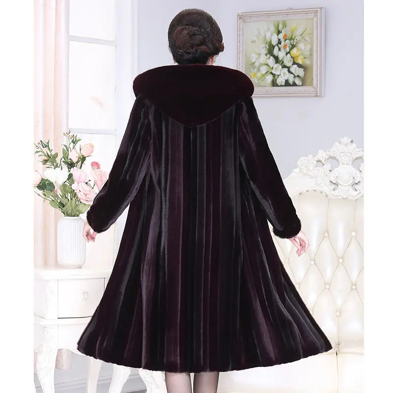 High-end Imitation Mink Velvet Coat Women Winter Warm Long Jacket New Middle Aged Elderly Mother Thick Hooded Fur Coat