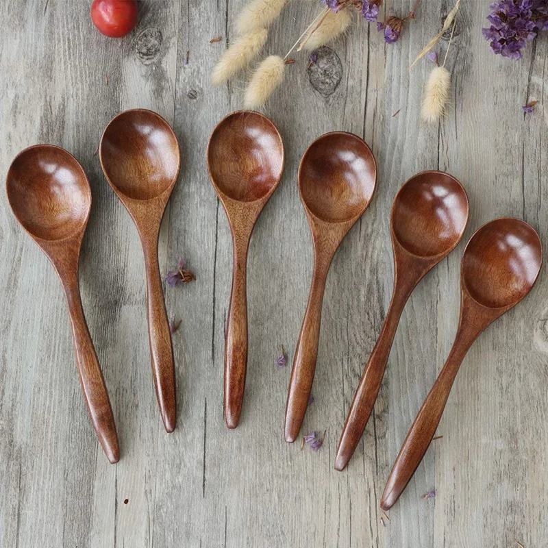 LBER Wooden Spoons for Eating, 6 Pieces Natural Wood Eating Spoon, 7 Inch Eco-Friendly Handmade Teaspoon for Dinner, Salad Desse