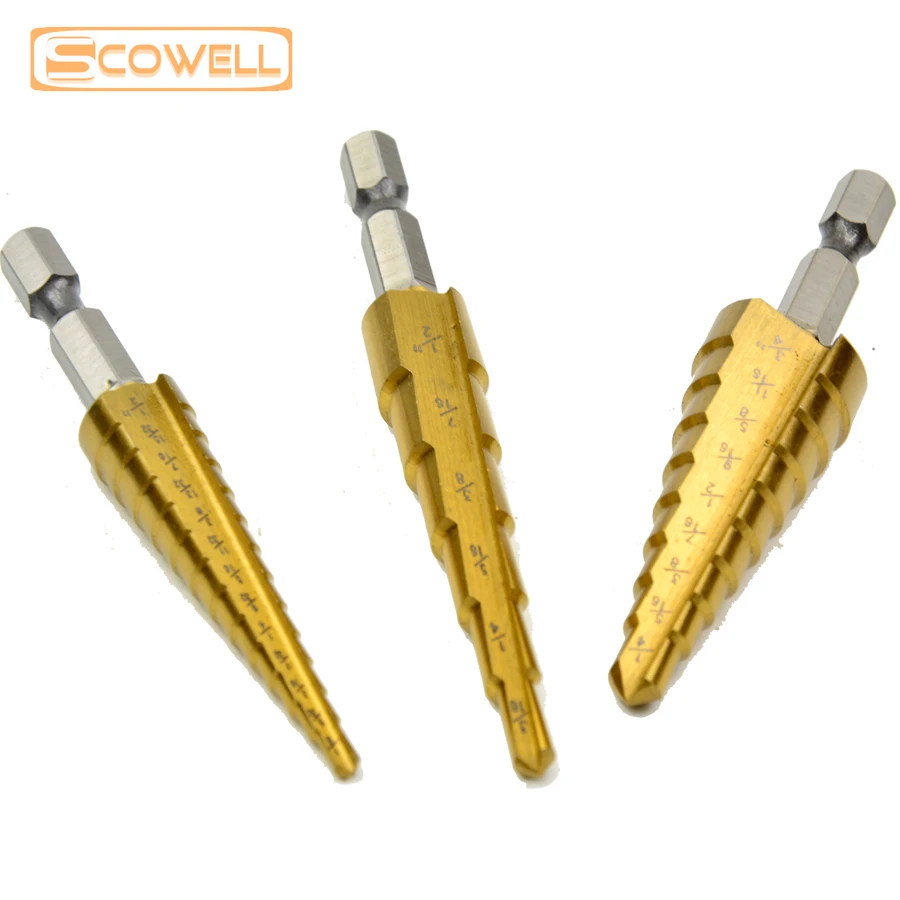 40% OFF HSS4241 6/9/13ขั้นตอนเจาะ3PCS Spiral Groove สว่านชุดไทเทเนียมเคลือบ Masnory ดอกสว่านทรงกรวยสำหรับโลหะและไม้