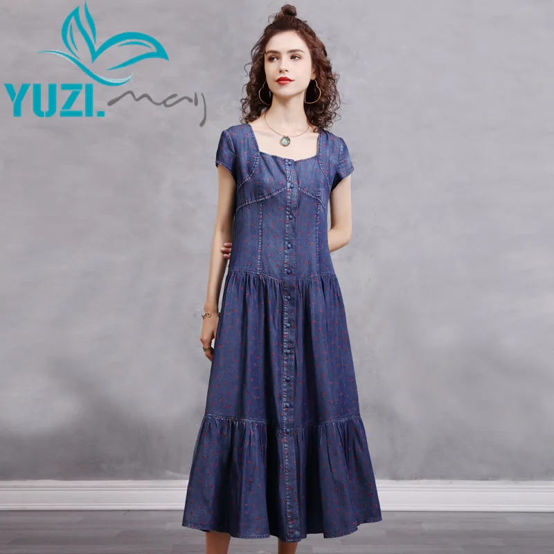 Zomer Vrouwen Jurk 2021 Yuzi. Kan Boho Nieuwe Denim Vrouw Jurken Korte Mouwen Ruches Hem Enkele Breasted Bloemen Vestidos A82326