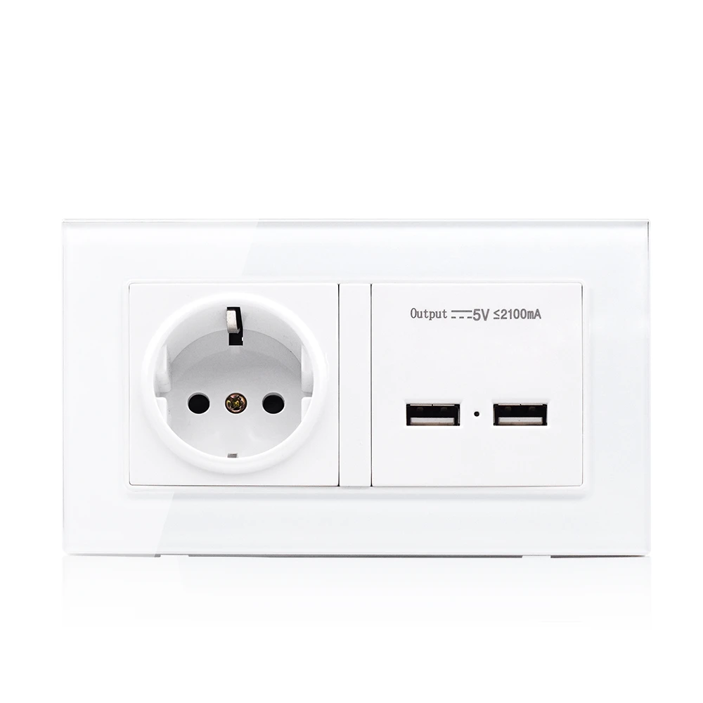 

Wall Socket Eu Standard Power Outlet With Dual Usb Smart Induction Charge Port For Mobile 2.1a Crystal Glass Panel