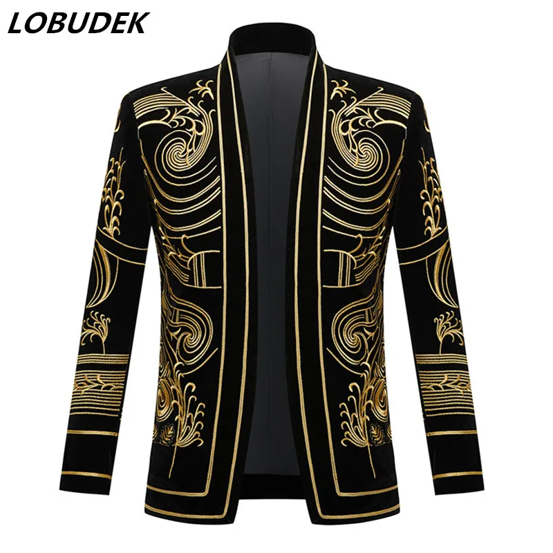 

Men England Style Embroidery Court Tuxedo Vintage Golden Black Velvet Blazers Male Singer Host Bar Stage Performance Suit Jacket