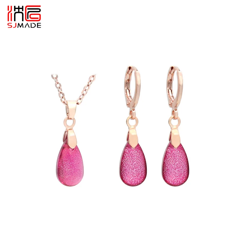 SHENJIANG New Colorful Glass Water Drop Dangle Earrings Pendant Necklace Jewelry Sets For Women Party