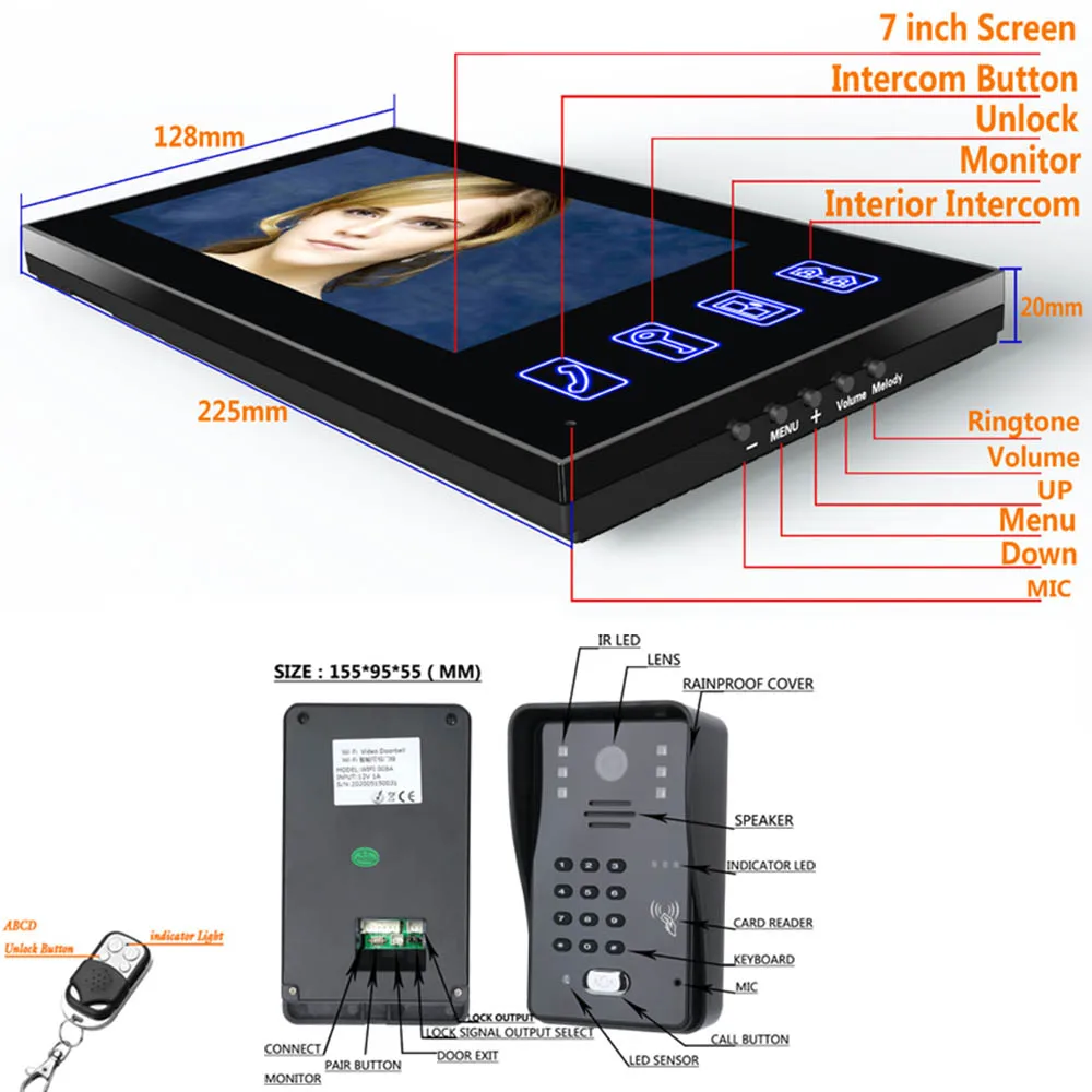 Videoportero de 7 pulgadas, intercomunicador con contraseña RFID, IR-CUT, cámara de línea de 1000TV, sistema de Control de acceso remoto inalámbrico