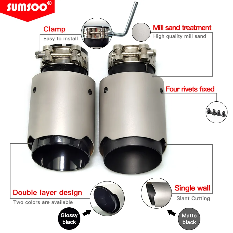 Genuine  SUMSOO Car Universal Stainless Steel Exhaust Tip Inner Black Tail Pipe Tip Muffler for BMW BENZ Audi VW Golf Parts