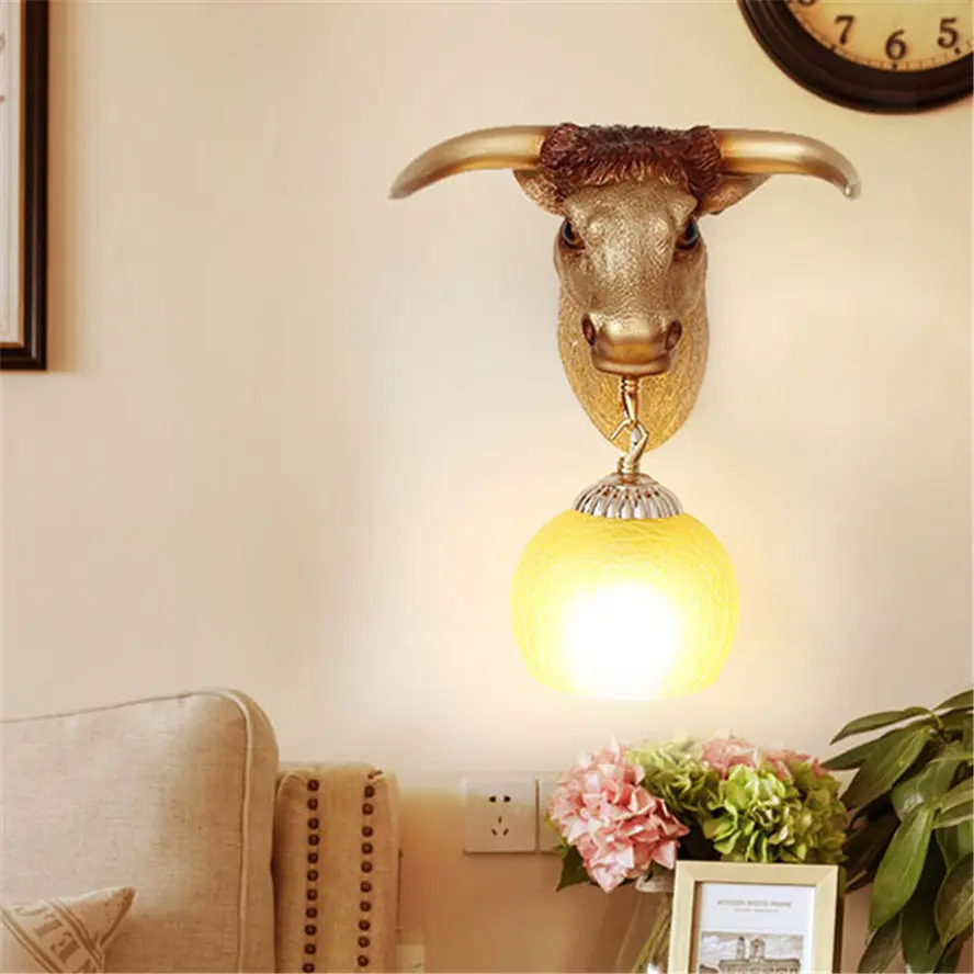 American vintage Bull head resin wall lamp for villa hallway hotel coffee store decorative sconces light fixtures loft decor e27