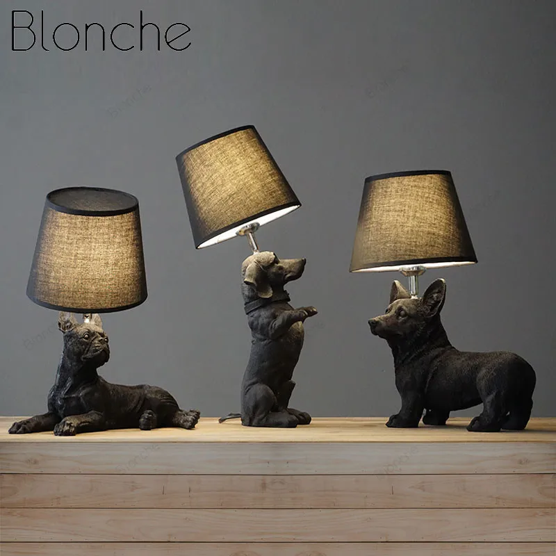 

Creative Animals Led Table Light Bedroom Bedside Lamp Living Room Resin Dogs Table Lamp Home Decor Fabric Desk Lighting Fixtures