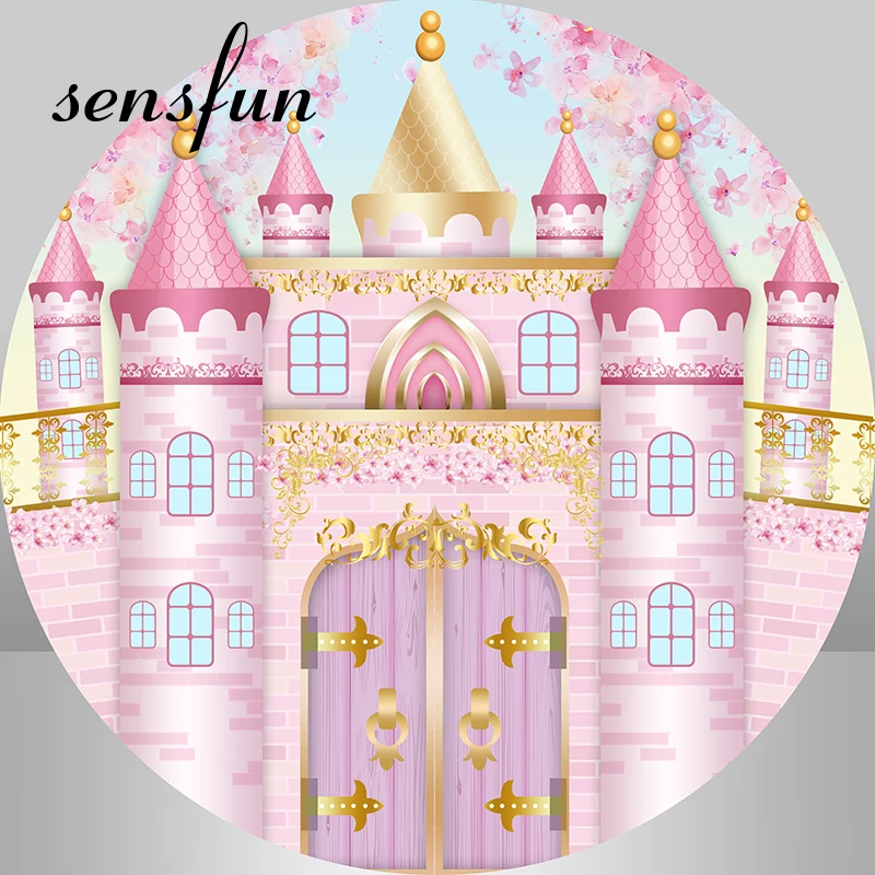 Sensfun Pink Princess Castle Round Backdrop Cover Golden Pattern Girls Newborn Baby Shower 1st Birthday Party Background Custom