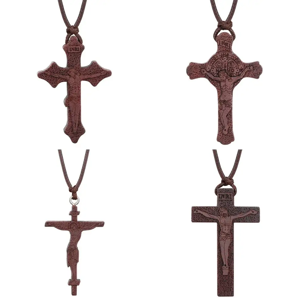 INRI Christian Orthodox Crucifix Jesus Pendant Necklaces for Men Red Umbila Wood Cross Necklace Adjustable Leather Rope Chains