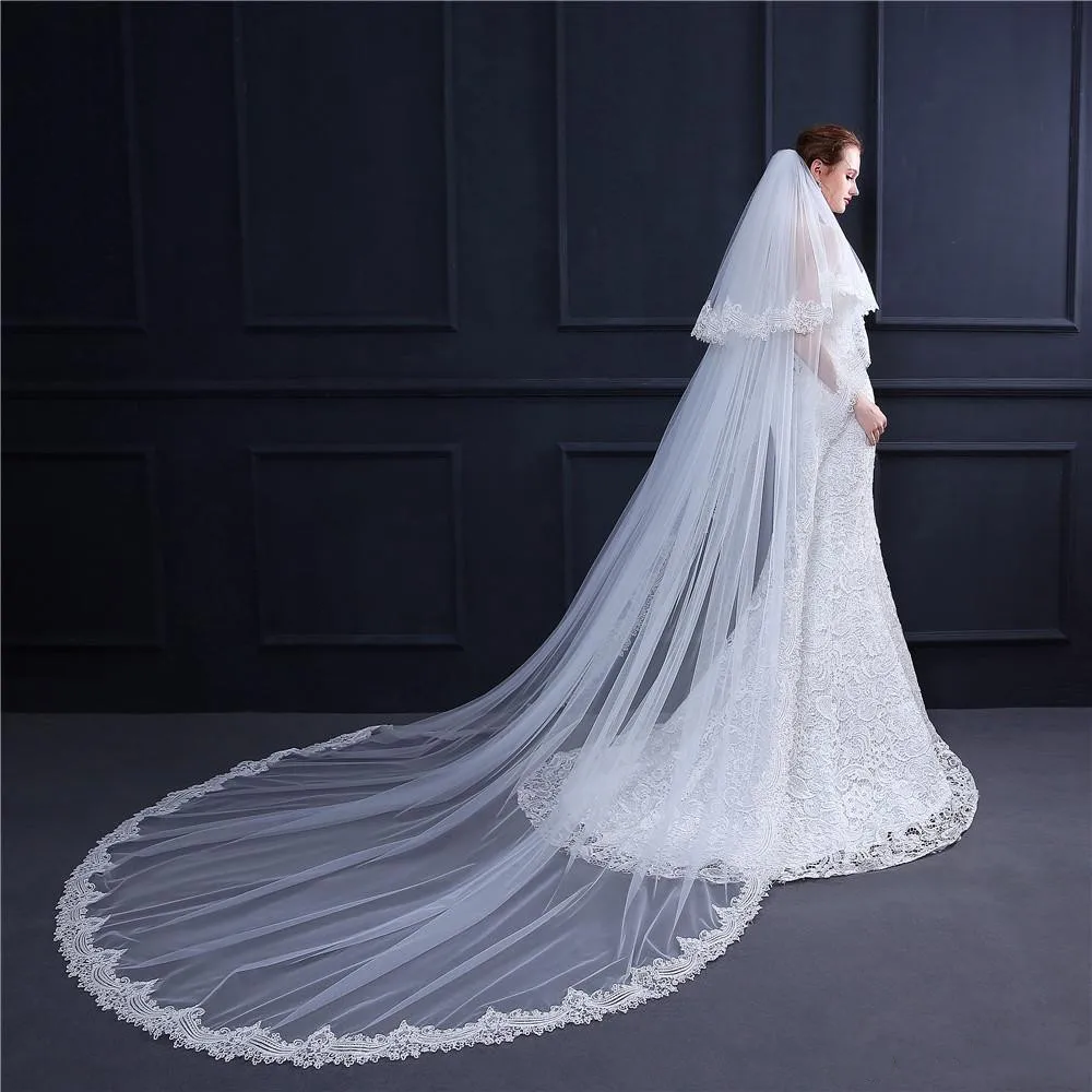 

Fashion Wedding Veils Cathedral Garden Wedding Veil with Comb Elegant Wedding Veils White Ivory Bridal Veil with blusher 2 Layer