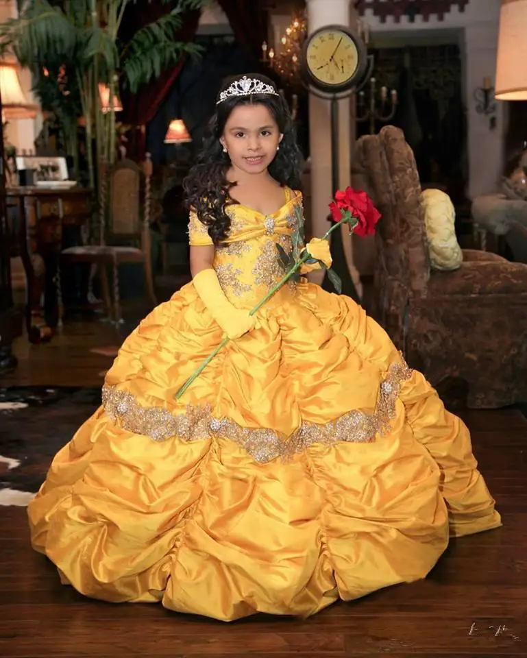 Amarelo 2021 retro princesa frisado vestidos da menina de flor rendas tafetá menina aniversário comunhão vintage vestidos pageant