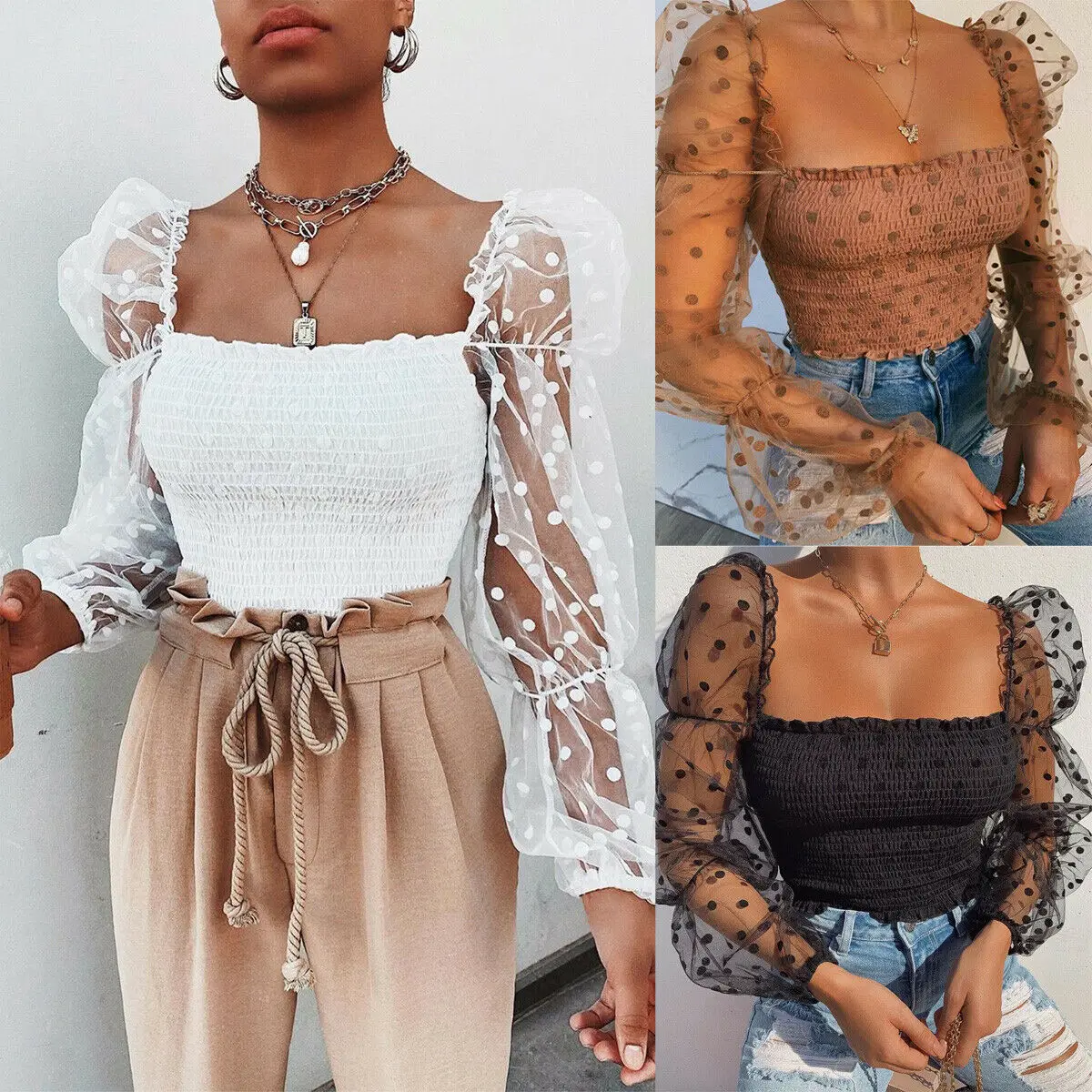 Sexy Mesh See-through Women Blouse Square Neck Polka Dot Puff Tube Top Sheer Long Sleeve Elastic Shirt Clubwear Party Streetwear