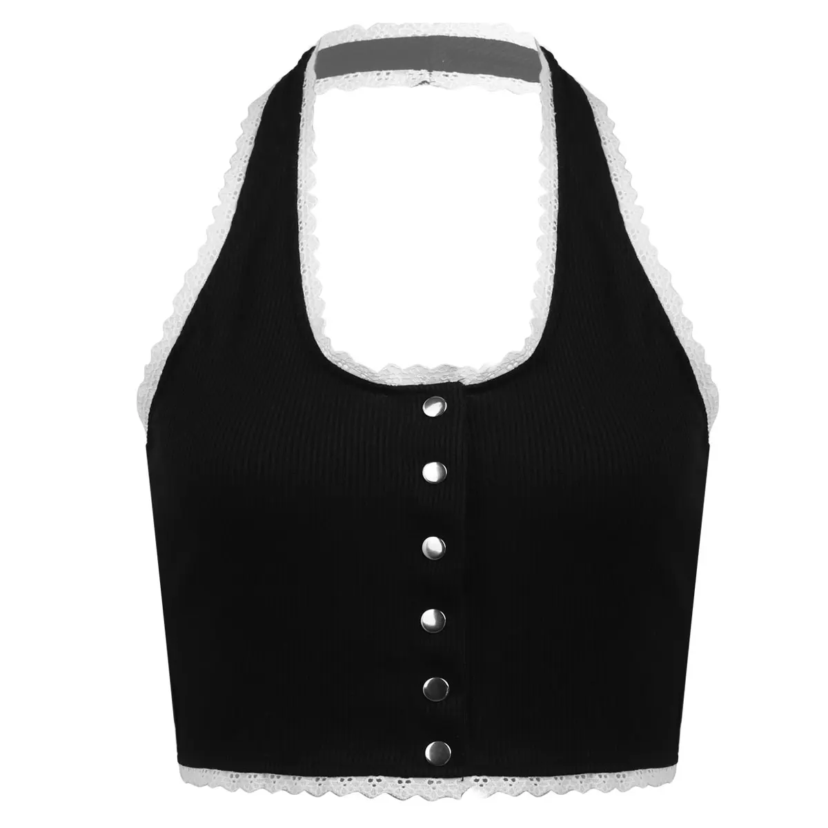 

Women Black Tank Bra Top Costume Sheer Lace Halter Neck Sleeveless Open Back Patchwork Blouse Shirt Female Daily Chic Street.