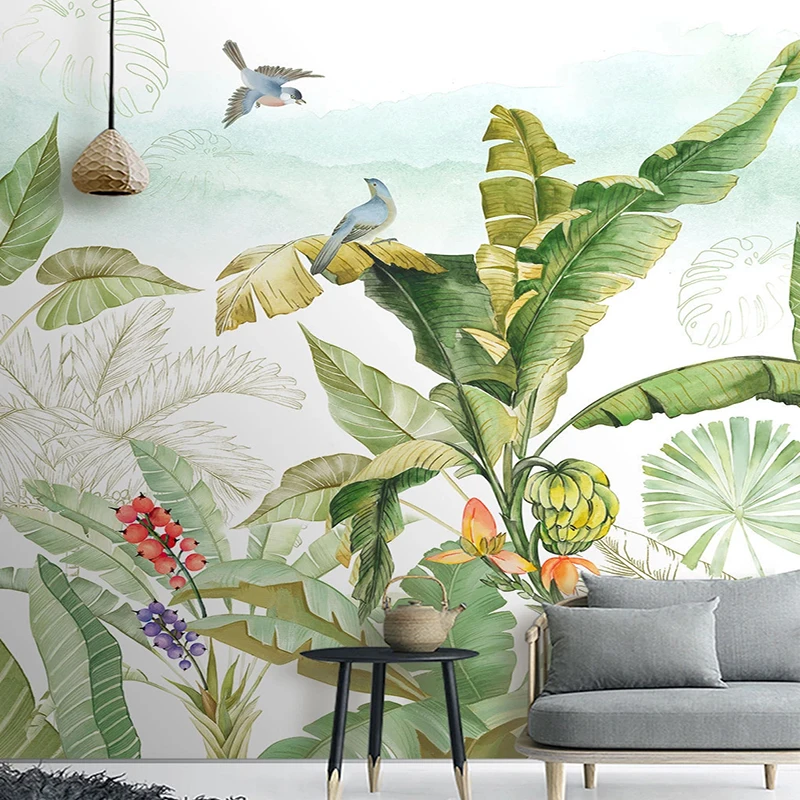 Tropical Plant Banana Leaf Flower Bird Mural Photo Wall Paper Living Room Bedroom Entrance Background Wall Decoration Painting