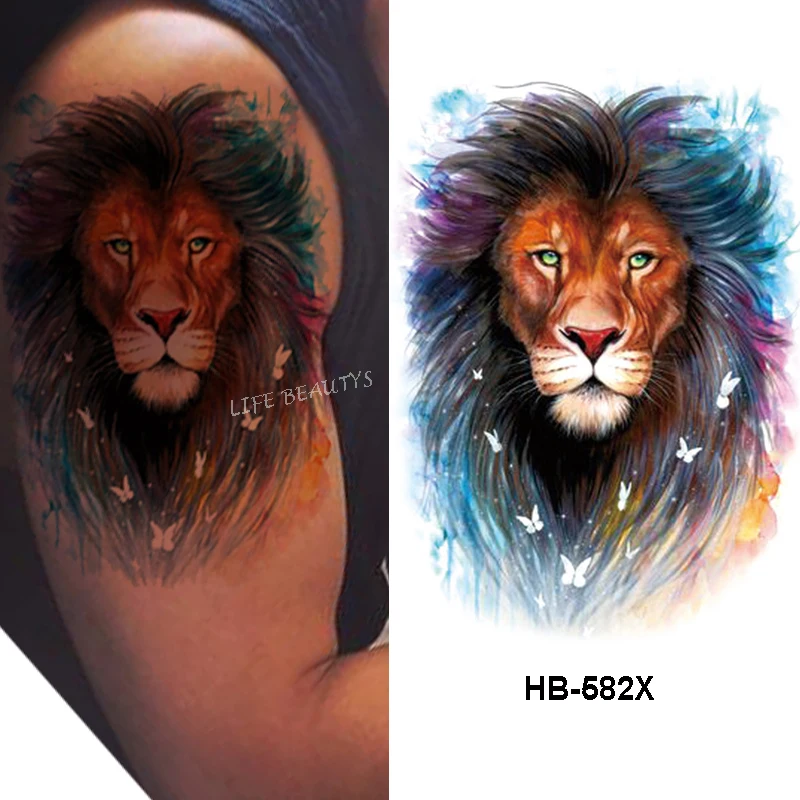 Tatuagem temporária de leão tigre, adesivo à prova d\'água fashion legal para homens e mulheres, arte corporal de animais, braço removível,