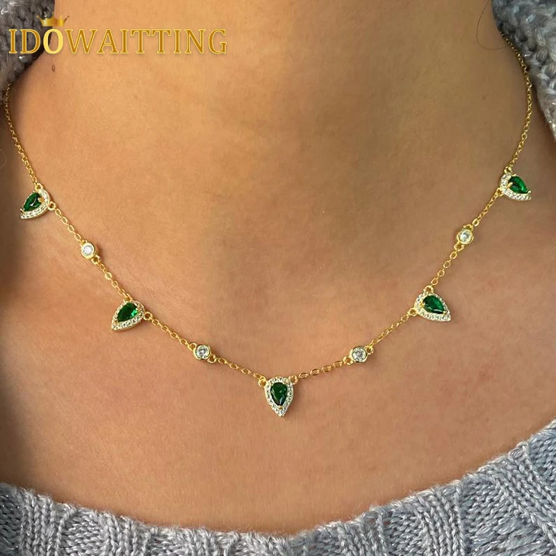 

New Arrive Green White Cubic Zirconia Fashion Delicate Necklace Water Drop CZ Silver Color Link Chain Statement Collar For Women