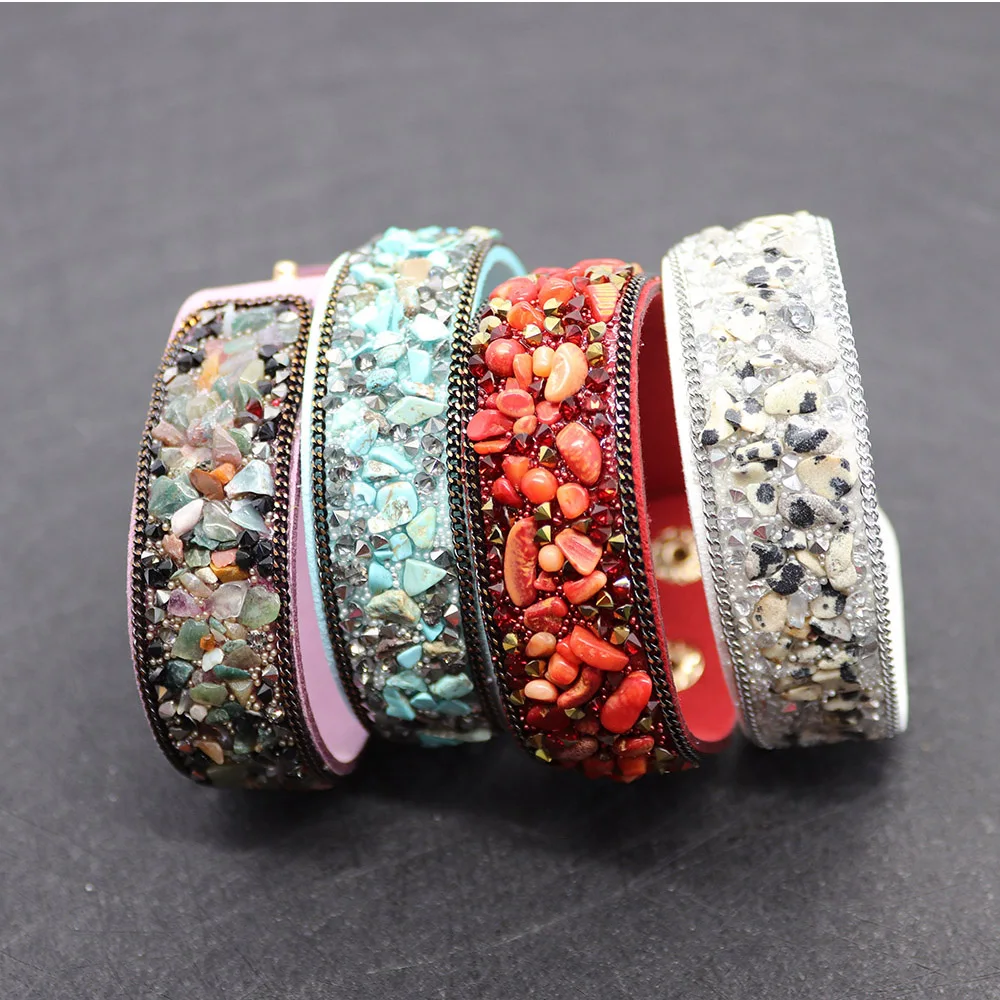 Wide Leather Bracelet with Natural Stone Beads Rhinestone Bracelets Handmade Women\'s Ornaments Cuff Bracelets Wristband Party