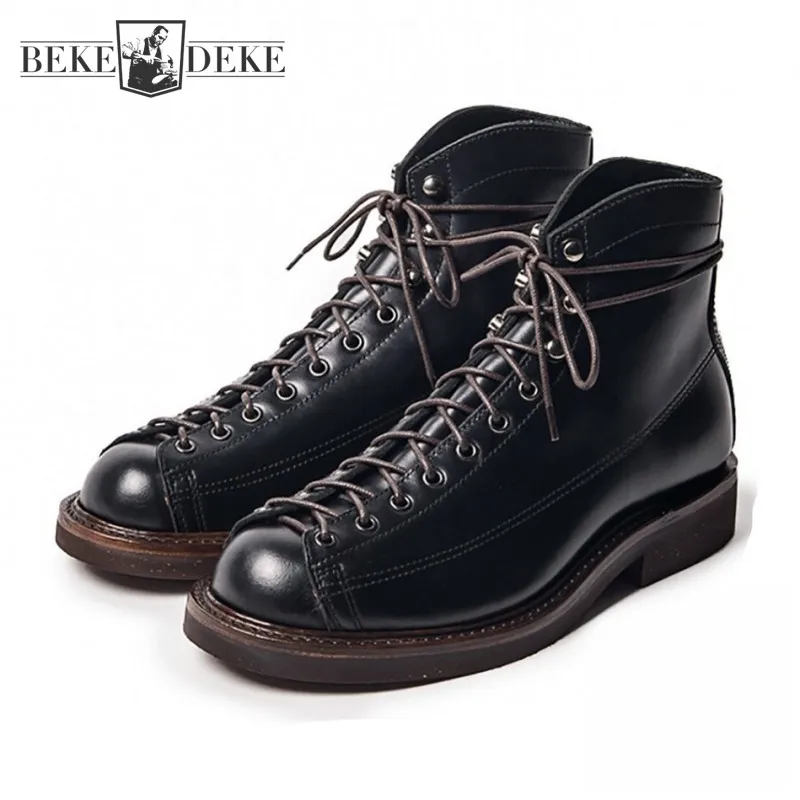 Top Quality Handmade 100% Genuine Leather Motorcycle Boots Men Lace Up Round Toe High Top Work Shoes Male Platform Ankle Boots