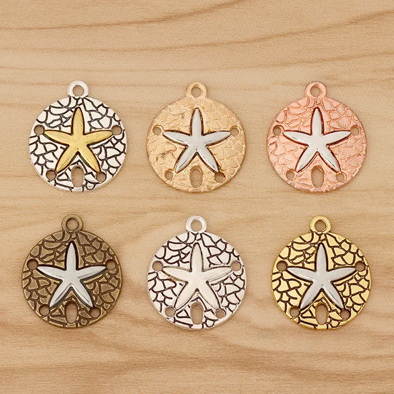 10 Pieces Tibetan Silver/Bronze/Gold Color Sand Dollar with Starfish Charms Pendants for Bracelet Necklace Jewellery Making