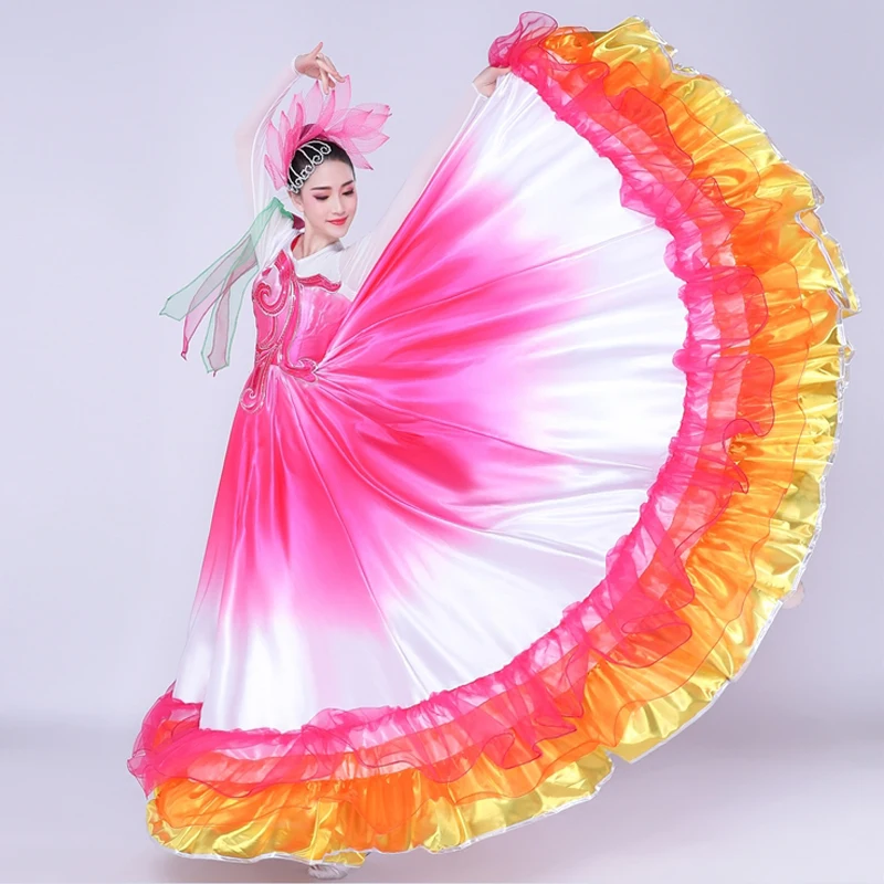 Spanish Bullfight Dance Dress For Women Stage Costume Gypsy Dress Emerald Green Dancing Long Skirt Flamenco Dance Dress DL7180