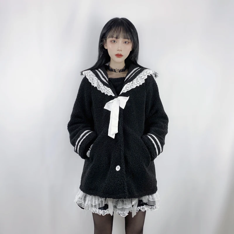 Yangelo Harajuku Lamb Wool Jacket Women\'s Winter Sheepskin Coat Gothic Black Navy Collar Cardigan Sigle Button JK Fairy Grunge