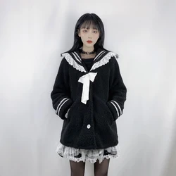 Yangelo Harajuku Lamb Wool Jacket Women's Winter Sheepskin Coat Gothic Black Navy Collar Cardigan Sigle Button JK Fairy Grunge