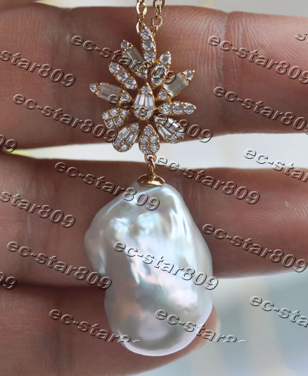 

Z11211 A+ 24mm White Baroque Keshi Pearl 925silver Gold-Plating CZ Pendant Woman Fine Jewelry