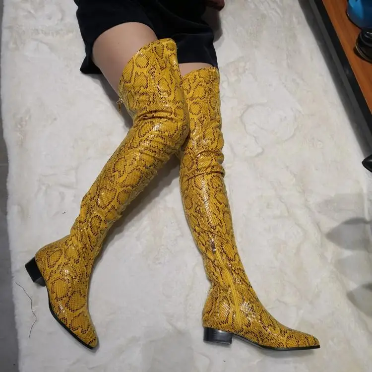 Bright Yellow Snakeskin Leather Flat Long Boots Fashion Python Pointed toe Over the Knee Thigh High Boots